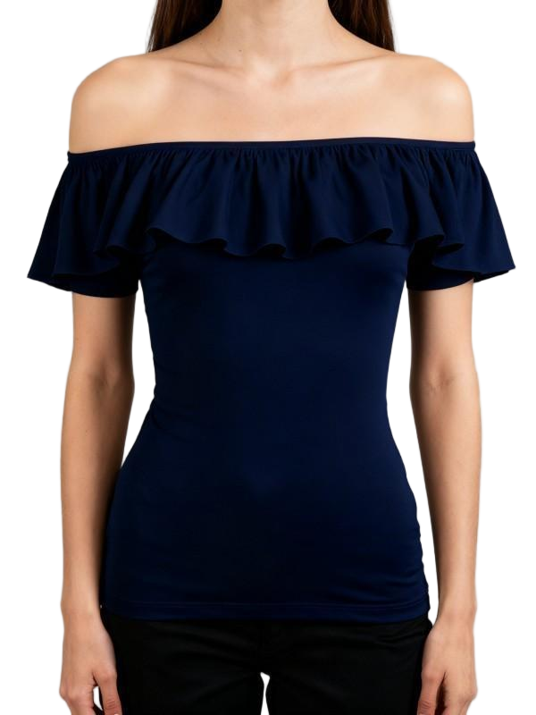 Navy Blue Off-Shoulder Ruffled Top