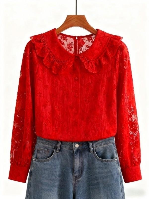 Red Lace Ruffled-Collar Blouse