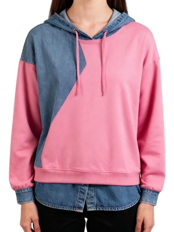 Pink & Denim Patchwork Hoodie